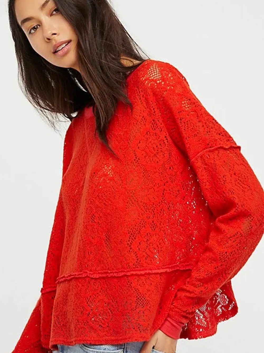 Free People ‘Not Cold in This’ in Fiesta Red Crochet Scoop-Neck Pullover